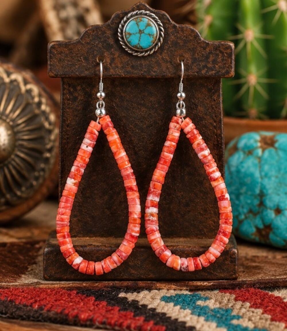 Red Spiny Heishi Dangle Earrings – Sterling Silver Southwestern Style